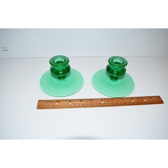 Vtg Pair Uranium Glass Candlestick Holders Green Depression Glass - Picture 4 of 11
